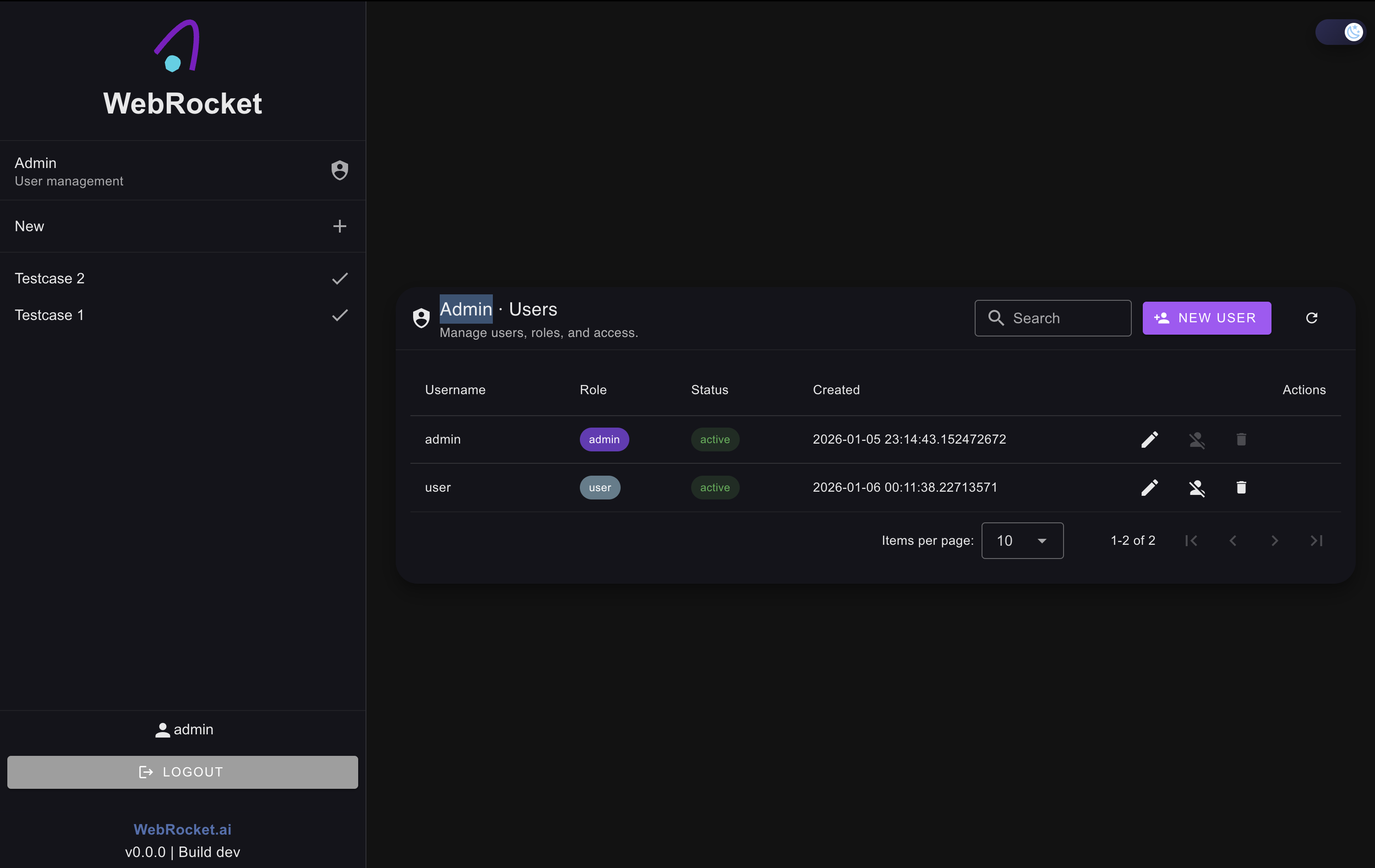 QAptain user management screen