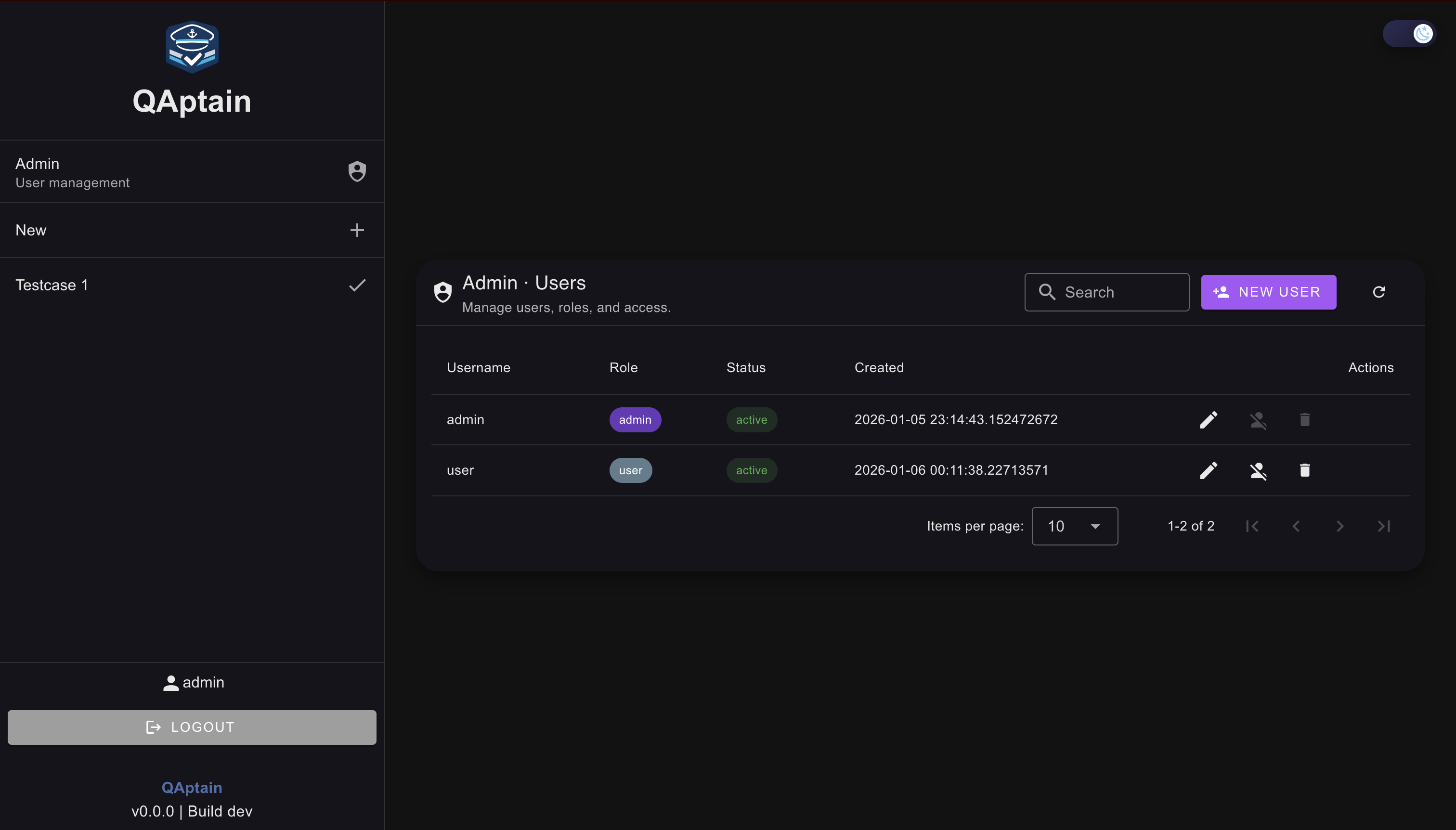QAptain user management screen